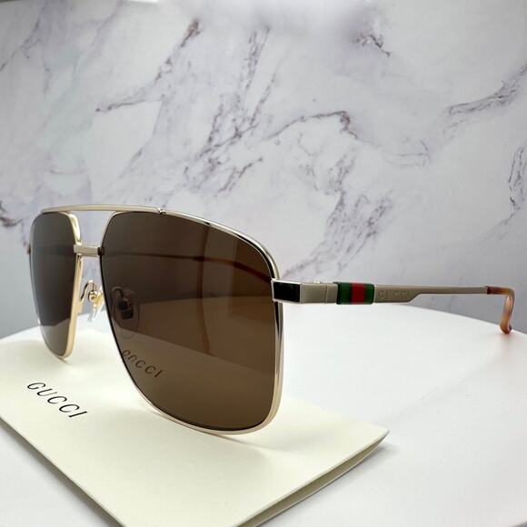 New GUCCI Sunglasses Gold Metal Square Aviator Pilot Red Green Web Logo Mens - Picture 8 of 16